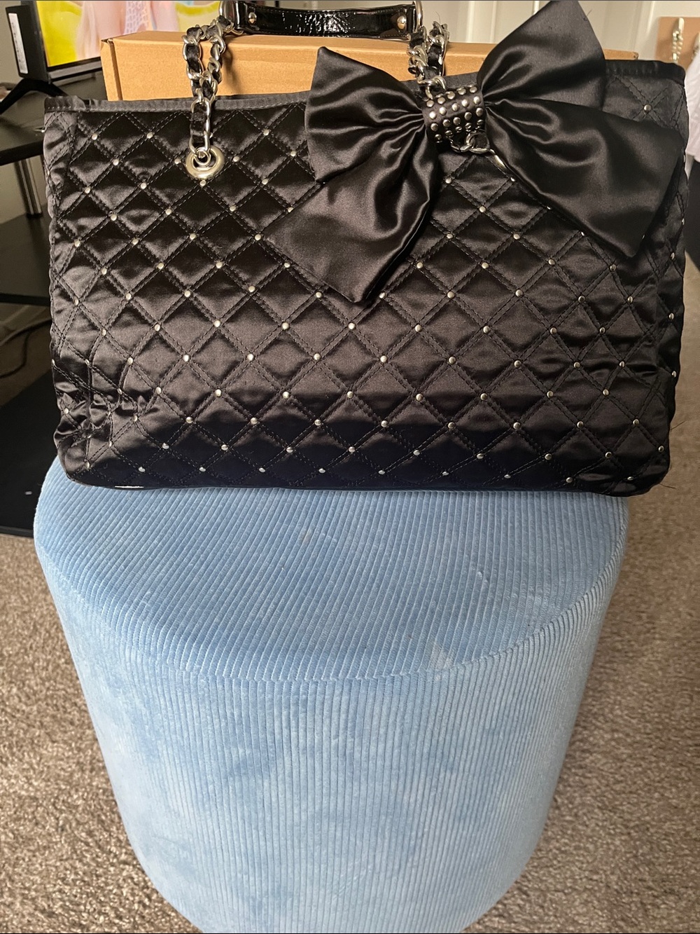 WHITE HOUSE BLACK MARKET Black Quilted Satchel Bag with Bow Accent